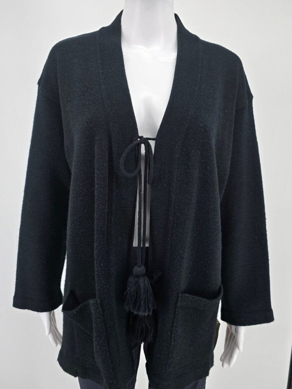Vintage 1980s Knitivo II Women's Black Acrylic Open Front Cardigan Sweater (L)